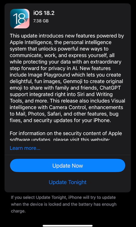 Notificação de atualização do iOS 18.2