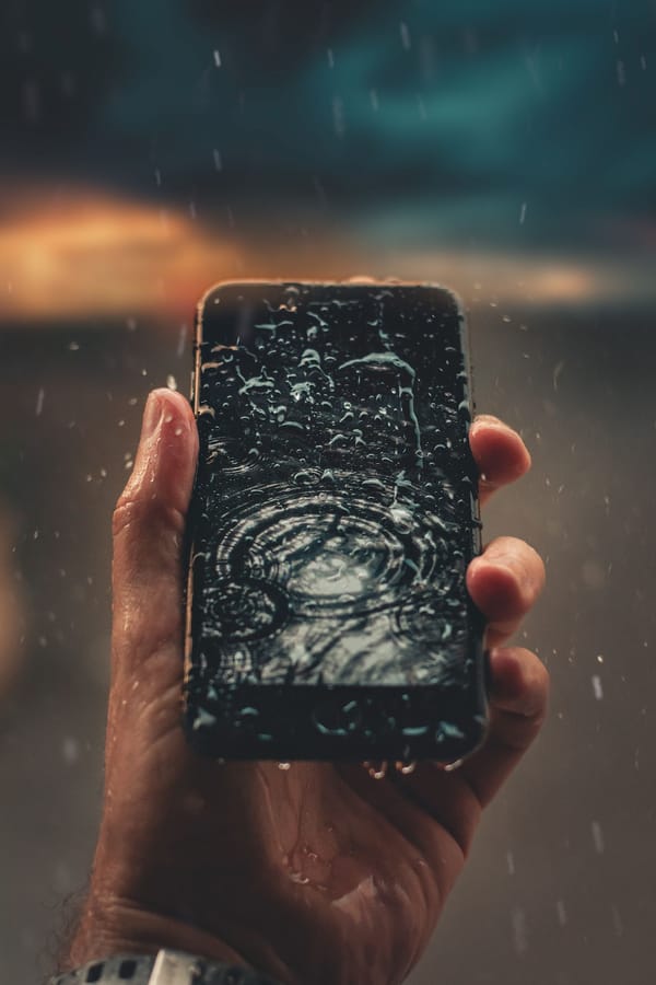 Pessoa segura smartphone molhado por gotas de água